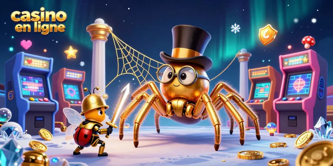 Jouez et gagnez au casino en ligne avec une illustration de tarentule dorée et un chevalier.