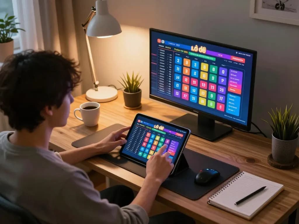 Lô đề online betting interface displayed on a tablet in a cozy home setting.