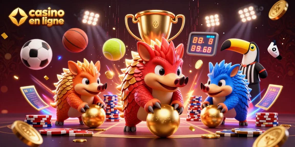 Casino en ligne : pangolins rivalisant dans une animation dynamique entourés de jetons et d'éléments sportifs.