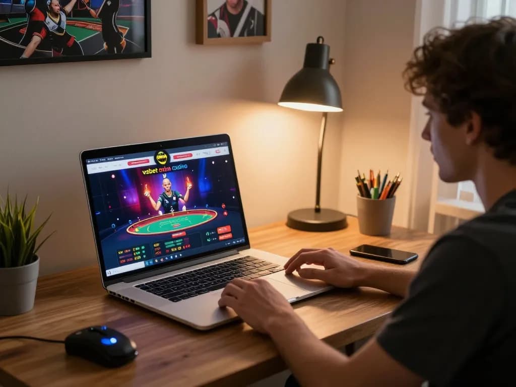 Player engaging with vsbet online casino on laptop in home office setting