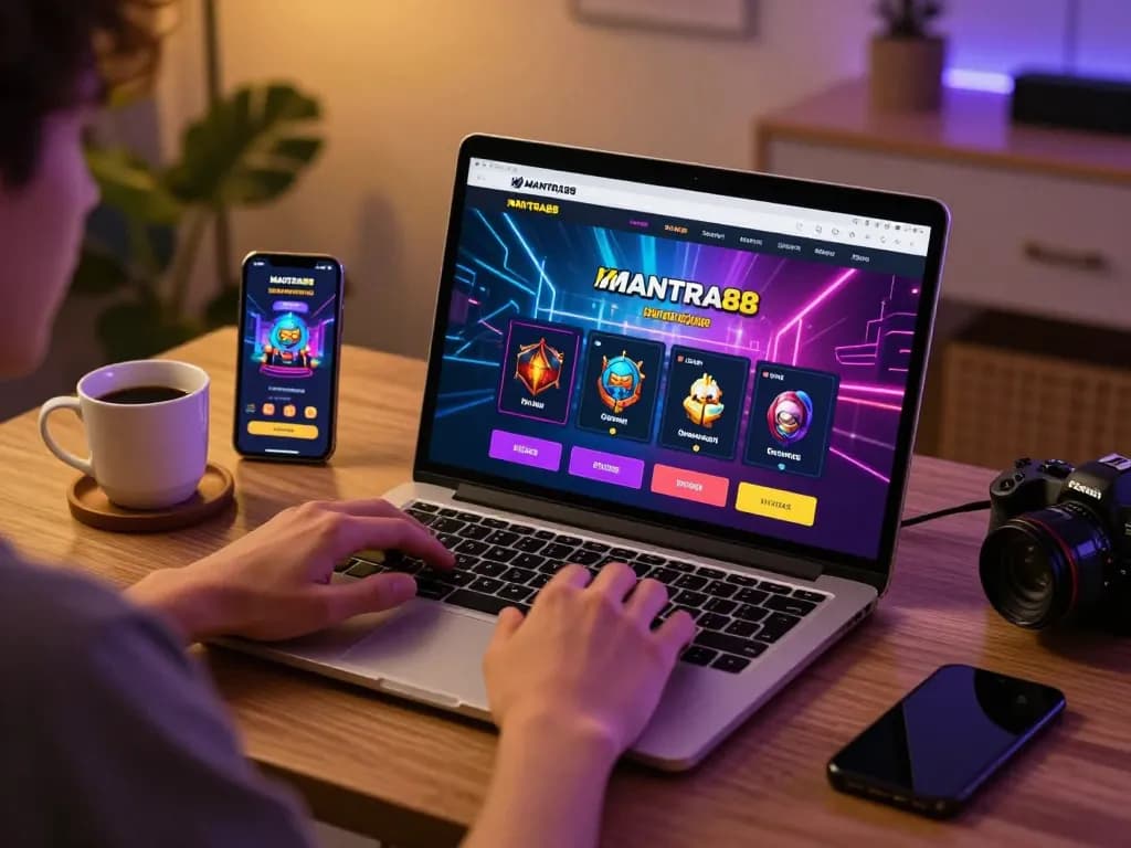 Engaged user logging into mantra88 for online gaming excitement in a cozy home workspace.