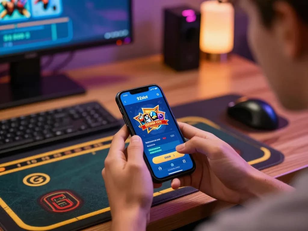 Player engaging with the 92slot app on a smartphone, illustrating modern mobile gambling.