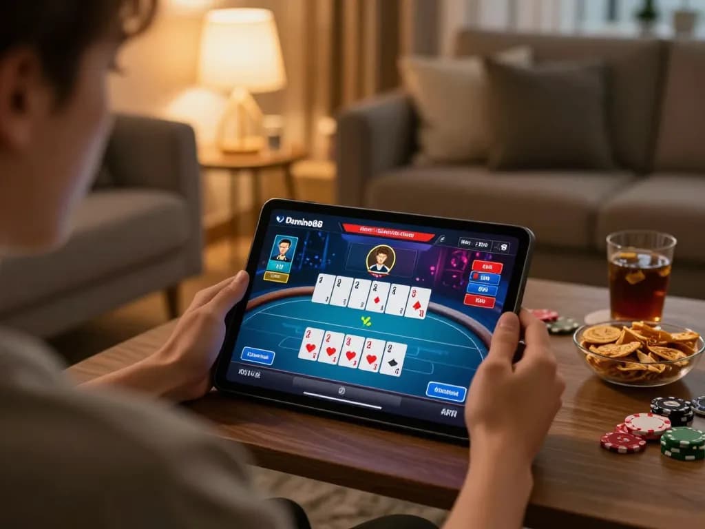Domino88 login interface visible on tablet during online poker session at home.