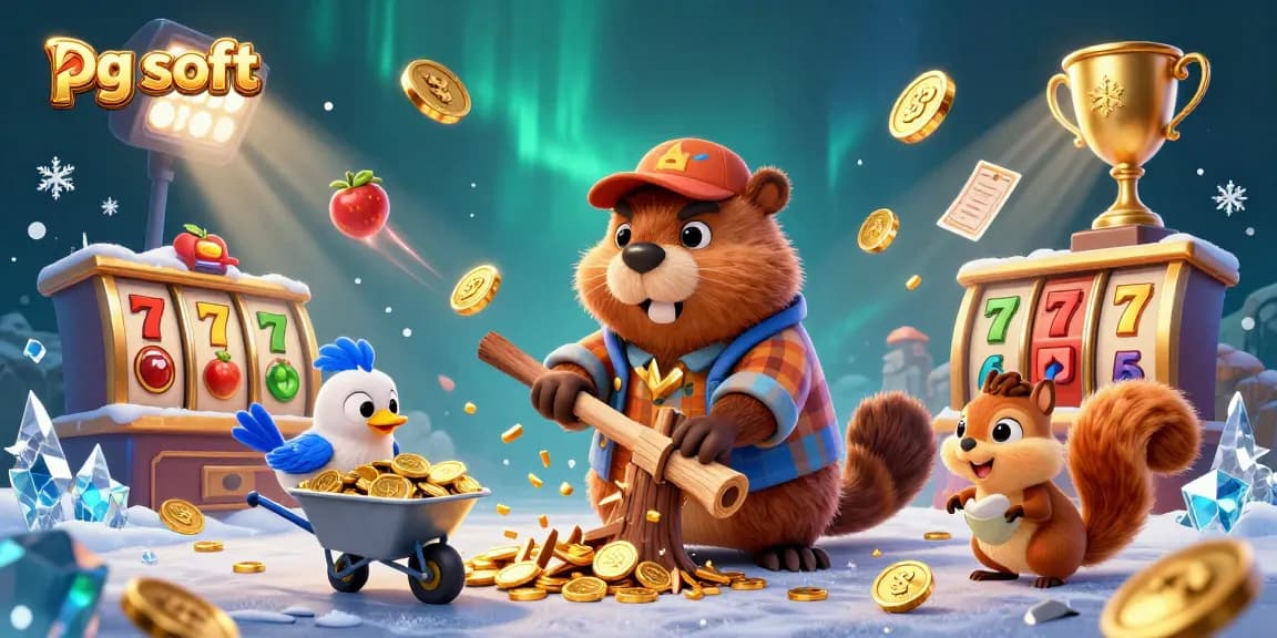 Experience thrilling wins with pg soft in a vibrant casino scene featuring cartoon characters and slot elements.