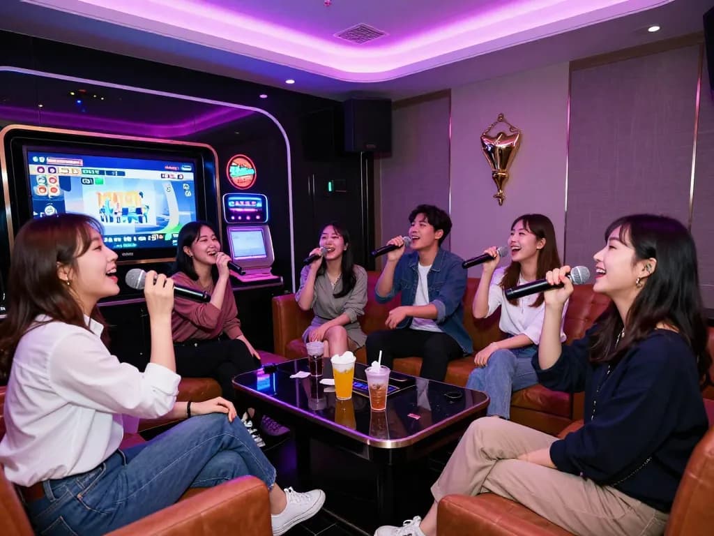 친구들과 함께 노래를 부르며 활기찬 밤문화를 즐기는 인천쓰리노 노래방