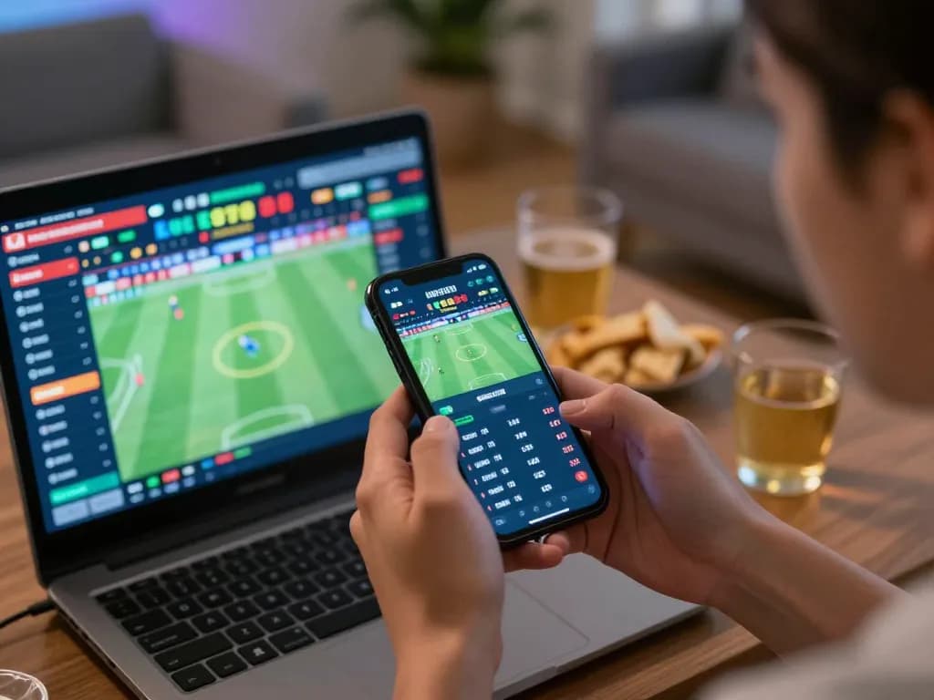 Engaging online sports betting scene featuring smartphone odds on 56win.com in a cozy home setup.