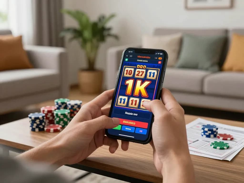 Engaging in slot depo 1k gameplay on a smartphone, surrounded by strategic notes and chips