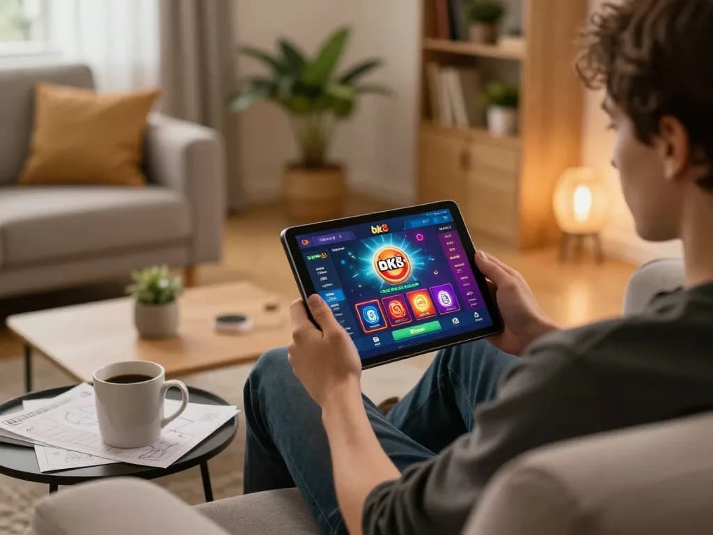 Engaging online casino experience on a tablet as players สมัครสมาชิก bk8 to enjoy various games from home.