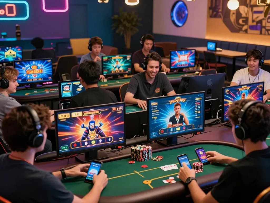 Exciting online gaming scene at go88 with players engaged in diverse games on various devices, showcasing the vibrant world of 2026 gaming.