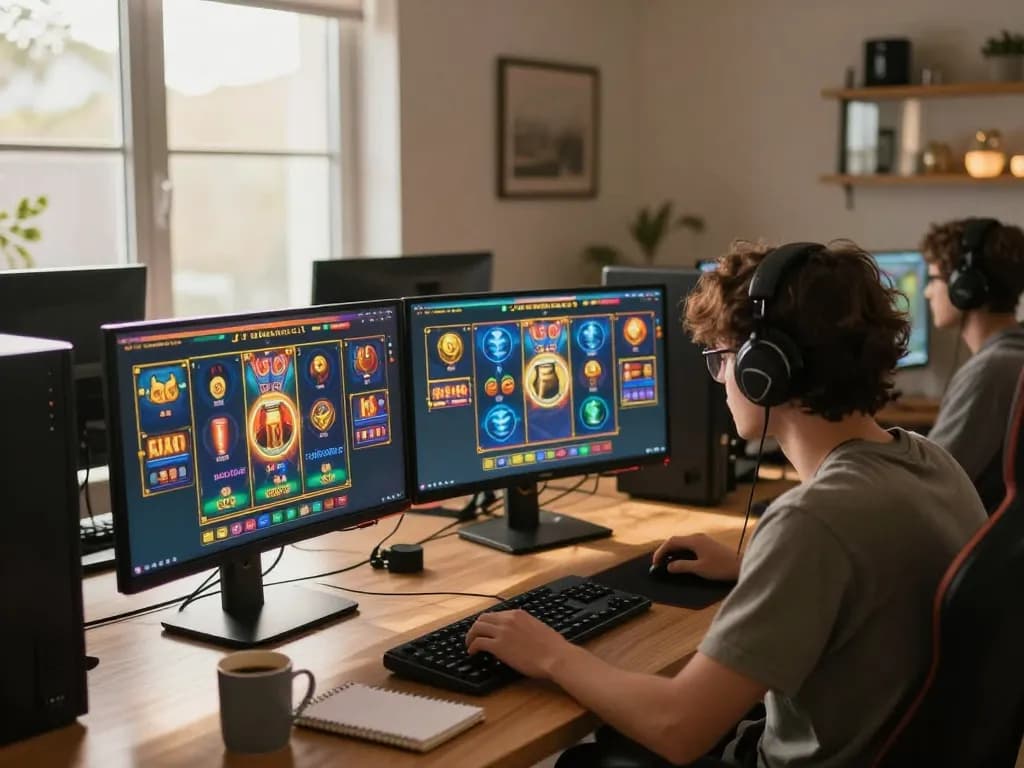 Engaging gameplay on demo slot games displayed on multiple screens in a cozy online gaming setup