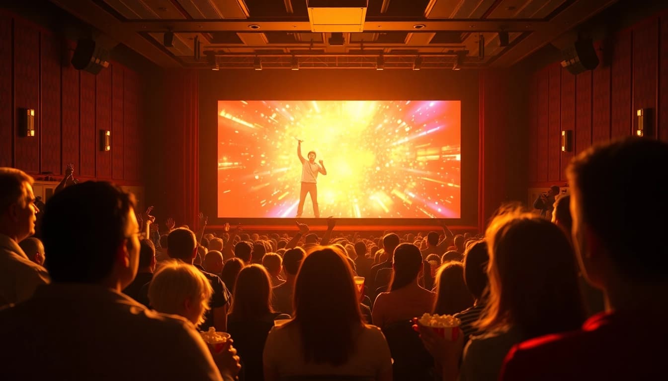 Viewers engaged in ดูหนัง experience in a vibrant cinema environment.