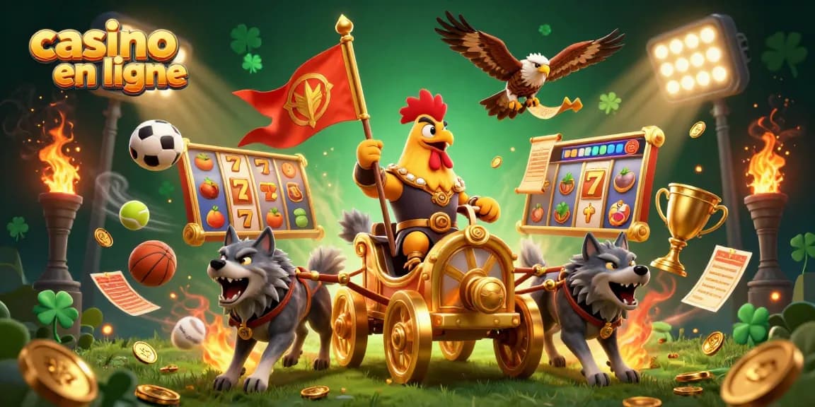 Illustration dynamique de casino en ligne avec un roi coq guerrier et des éléments de jeux