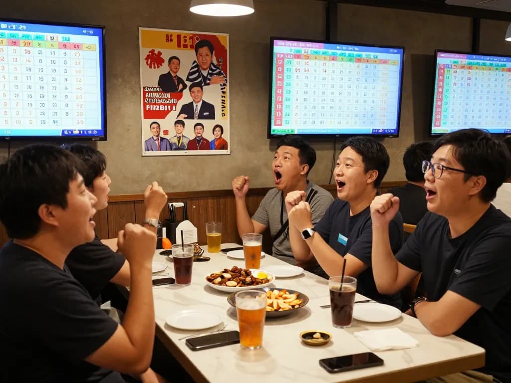 Excited bettors watching HK Lotto live draw results in a cozy setting with screens displaying winning numbers.