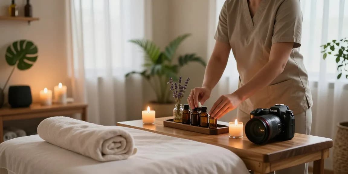 Relaxing spa setting with a massage therapist preparing oils, showcasing a calming atmosphere for 마사지 therapy.