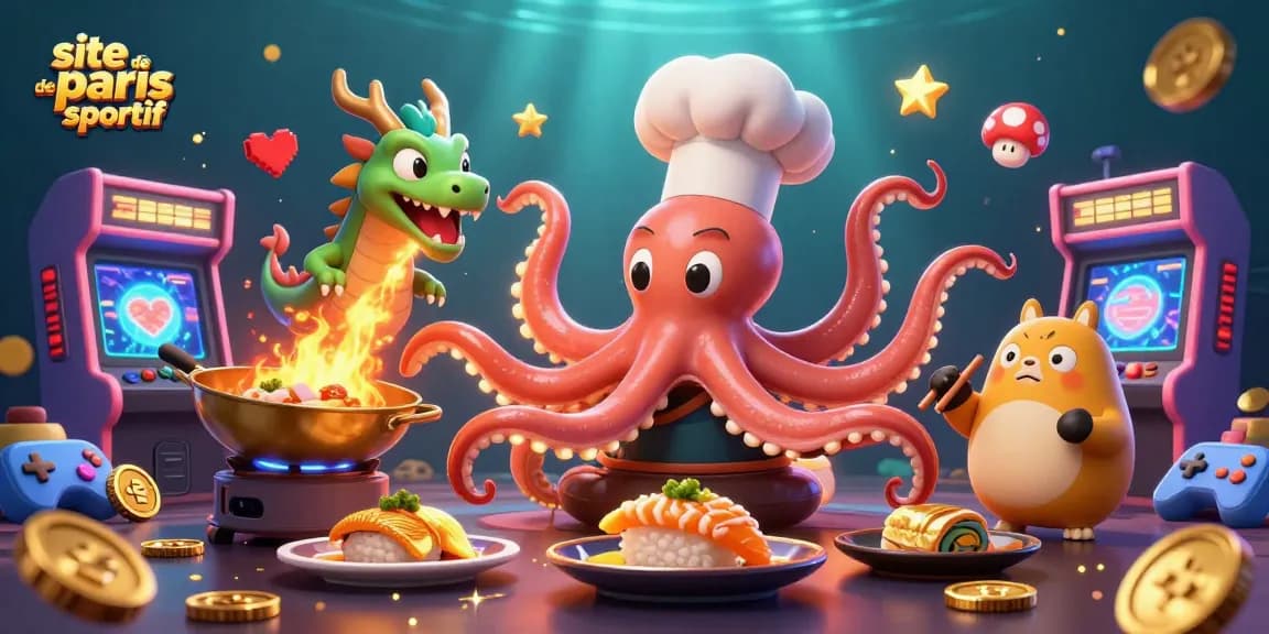 Pariez avec style sur le site de paris sportif avec une illustration animée captivante de jeux et de personnages fantastiques.