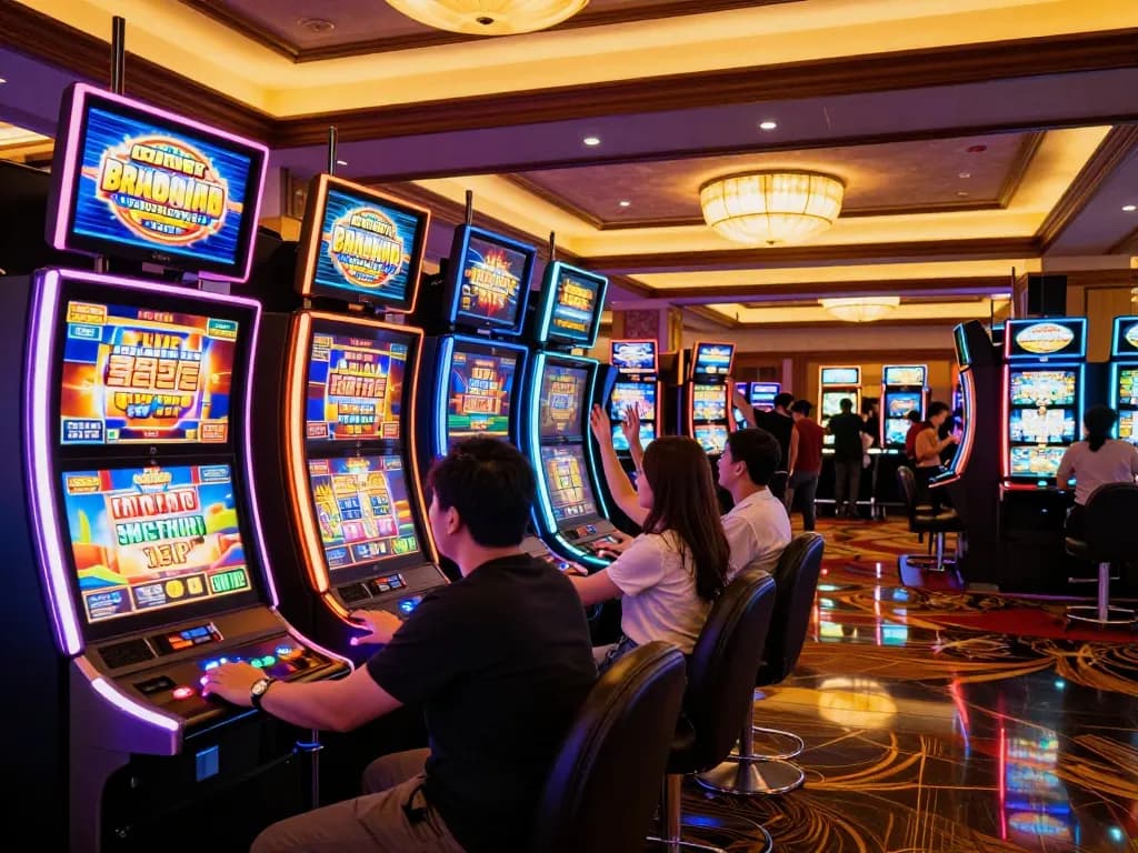 Players engaging with fun slot machines at Sunwin, celebrating wins in a vibrant casino setting.