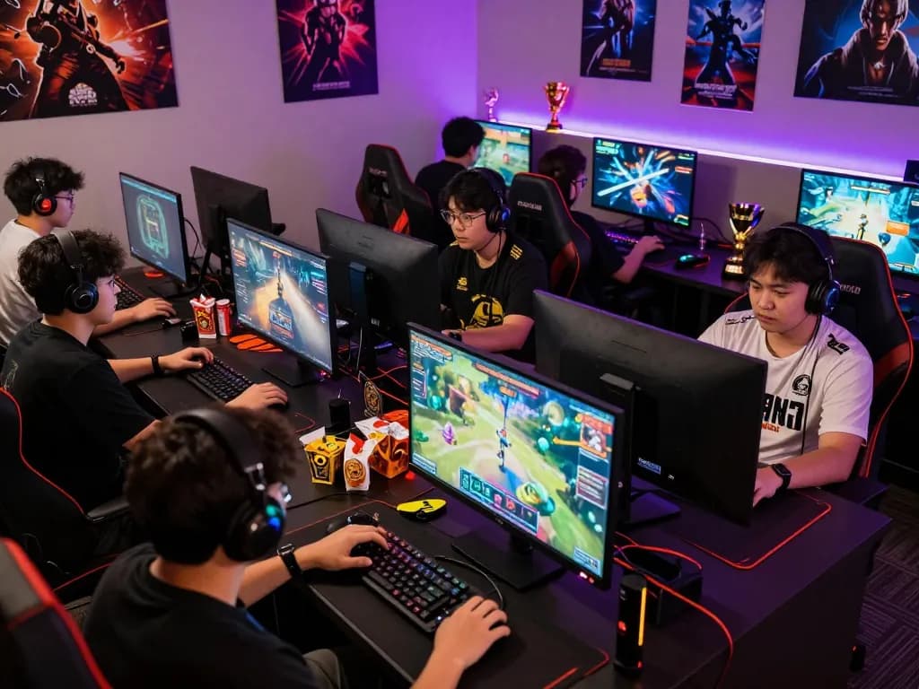 Exciting online gaming atmosphere with players engaging in tr88 bet gaming stations, colorful LED lights illuminating vibrant gaming environment.