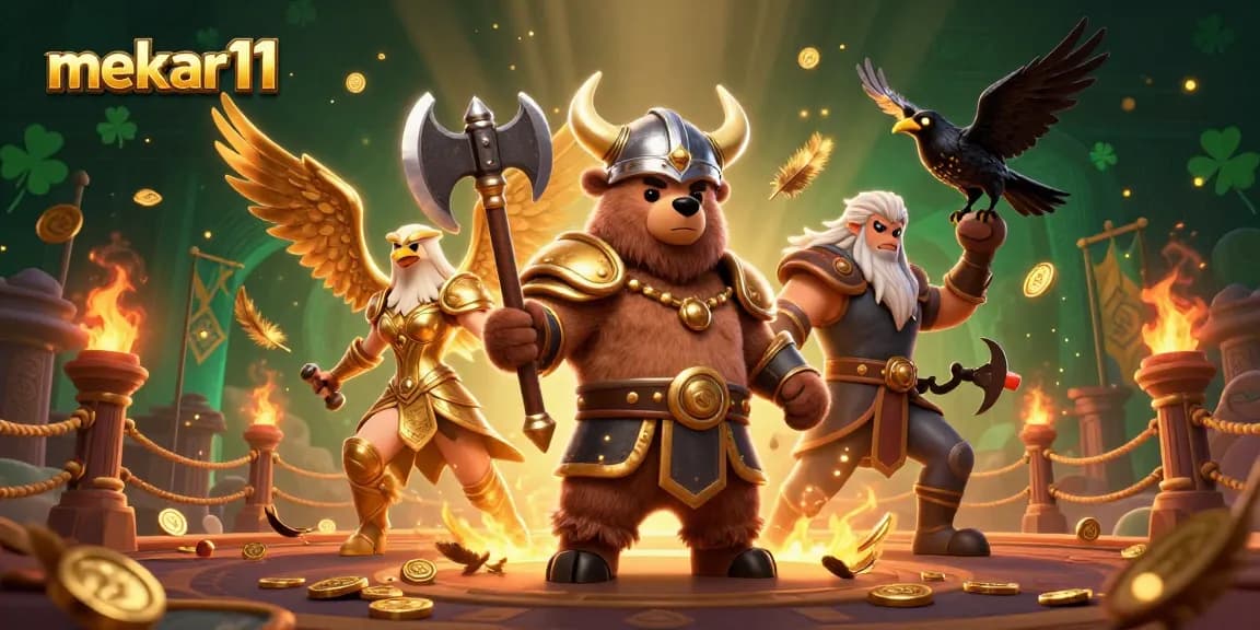Mekar11 players strategizing big wins with a Viking bear and Valkyrie eagle in a vibrant casino arena.