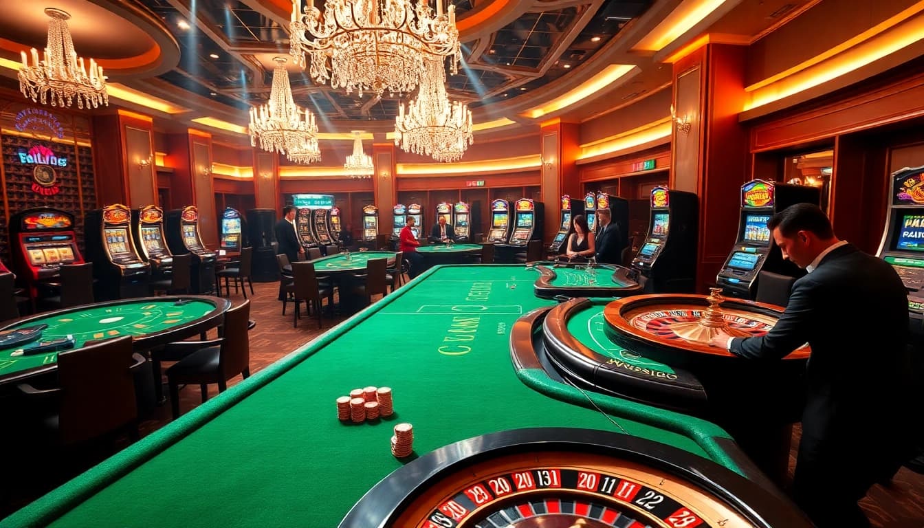 Exciting gaming action at the kjc website's luxurious casino, featuring vibrant tables and poker chips.
