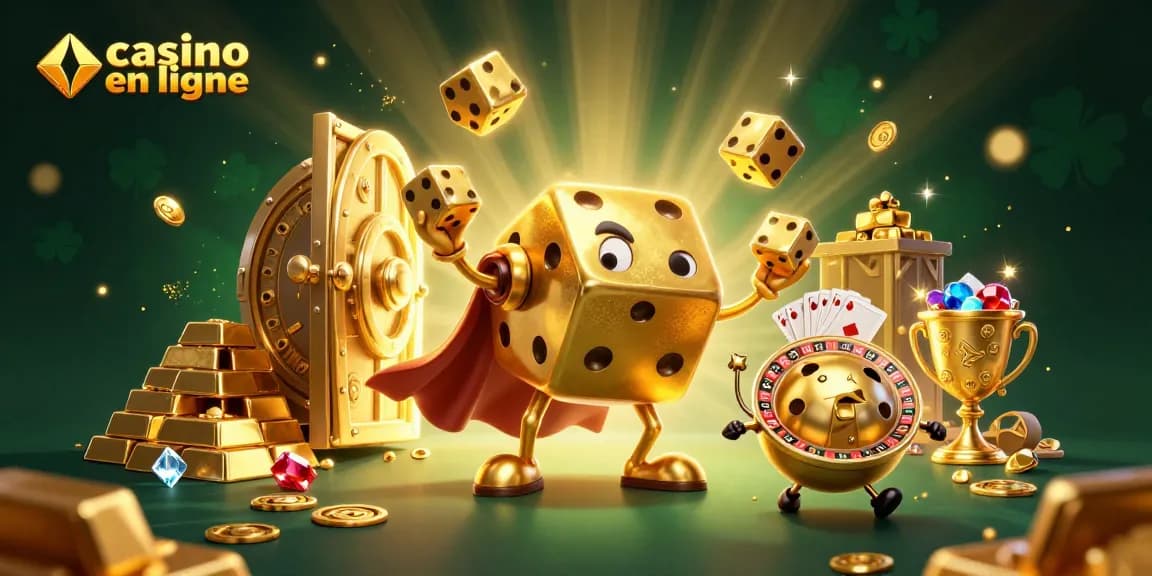 Plongez dans l'univers du casino en ligne avec un golem de dés doré et des symboles de fortune scintillants.