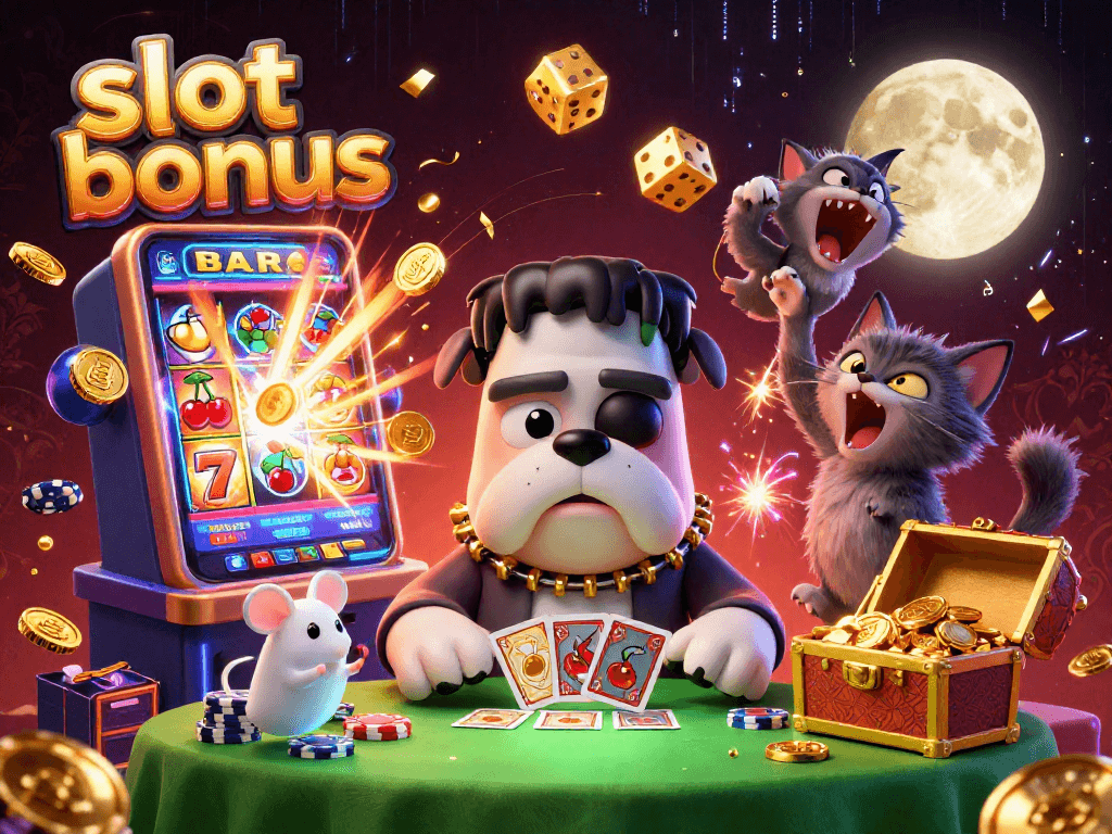Engage in thrilling gameplay with slot bonus excitement illustrated by monsters and casino elements.