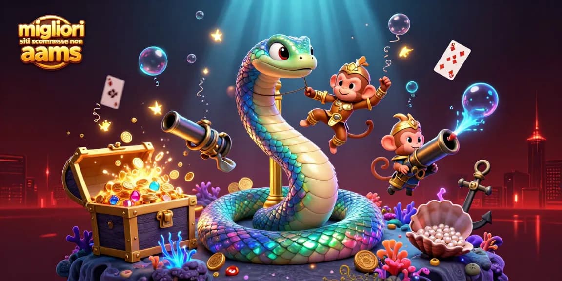 Scopri i migliori siti di scommesse non AAMS con un'affascinante illustrazione 3D di un serpente arcobaleno e un re scimmia.