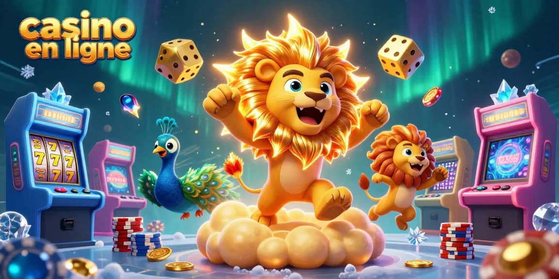 Jouez à casino en ligne avec un lion rayonnant sur un nuage d'or et des dés géants!