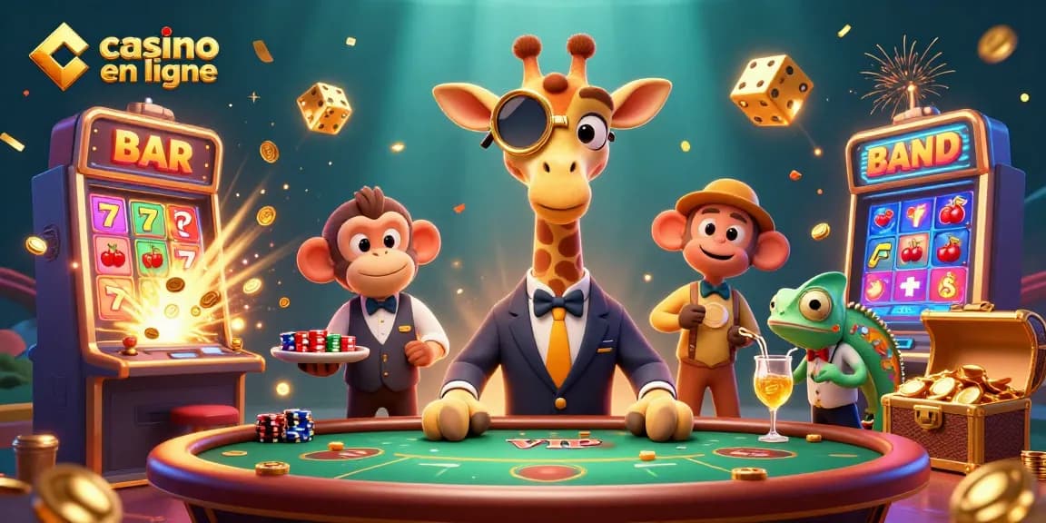 Découvrez le monde du casino en ligne avec cette illustration animée d'un girafe parieur jouant au poker.