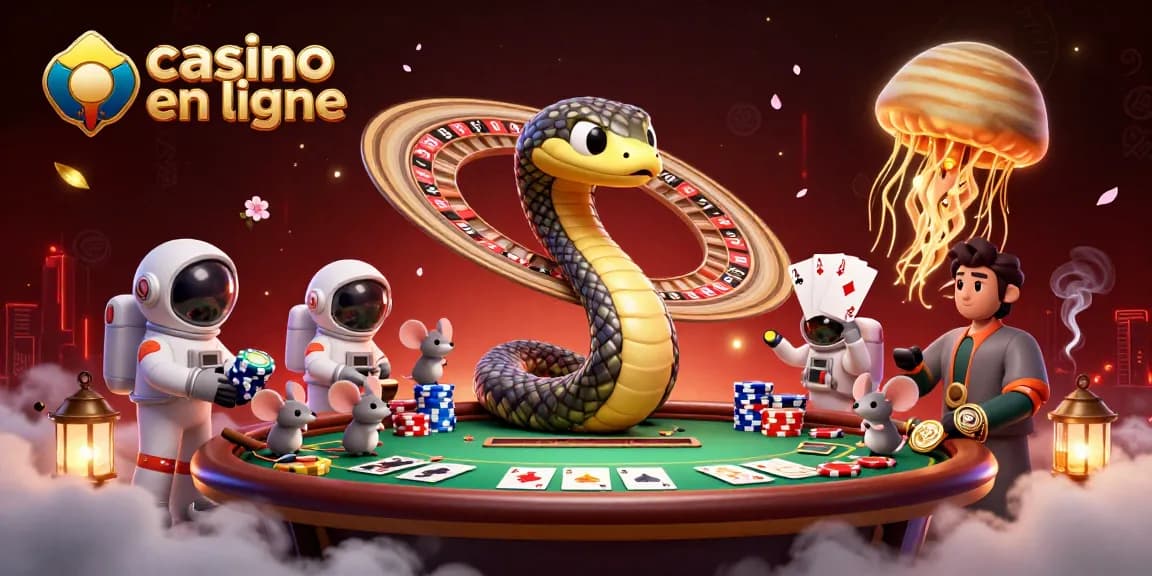 Placer des paris sur le casino en ligne avec des souris astronautes et des jeux de cartes colorés.