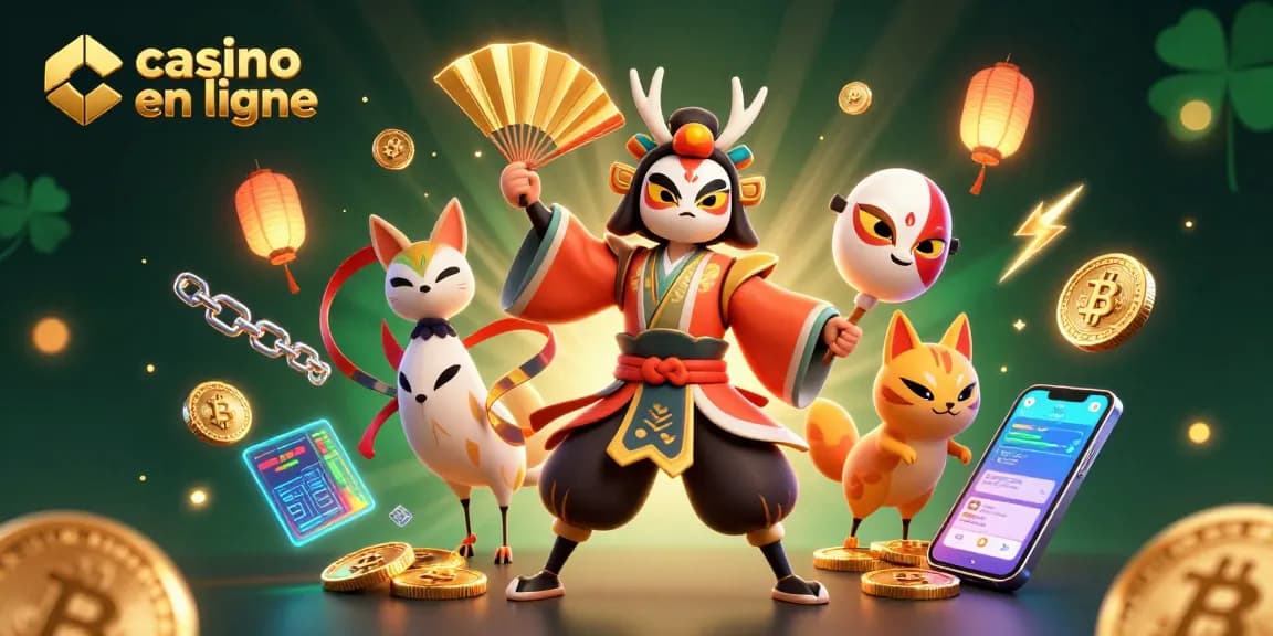 Découvrez le casino en ligne avec un guerrier kabuki et des éléments de crypto-monnaie.