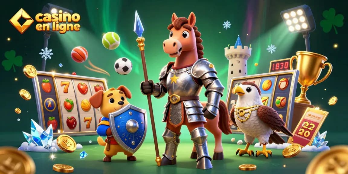 Gagnez avec casino en ligne : illustration dynamique de jeux et personnages.