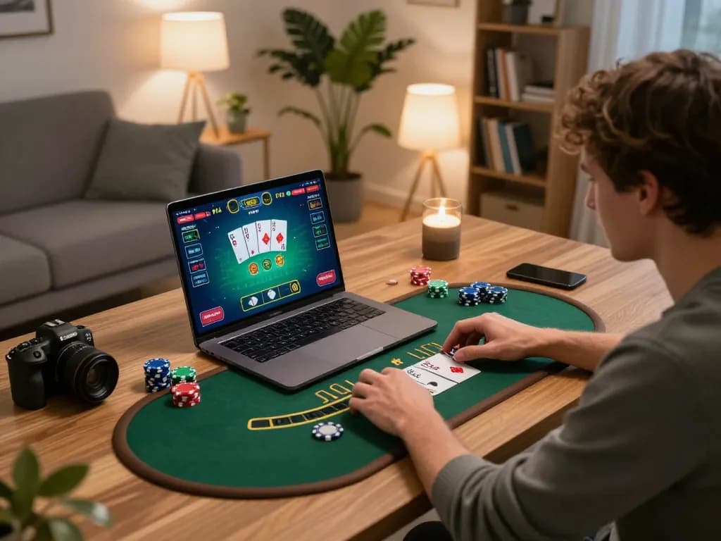 Engaging in strategic blackjack at home with vipwin displayed on the screen, showcasing vibrant gameplay.