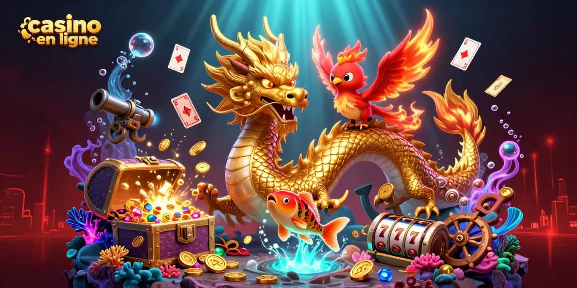Illustration de dragon chinois doré, phoenix et poisson koi, promotion casino en ligne avec éléments de jeu.