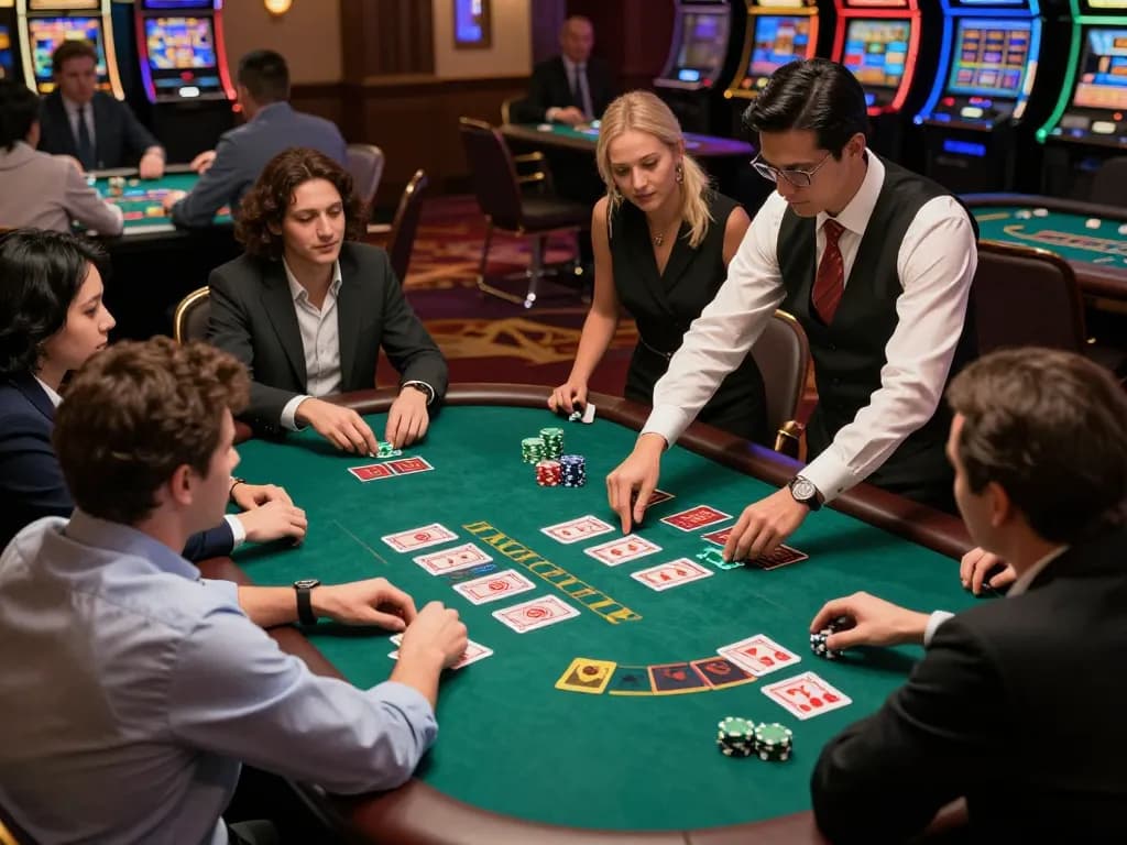 Players strategizing at blackjack table, experiencing a thrilling bk8 gaming atmosphere with vibrant cards and chips.