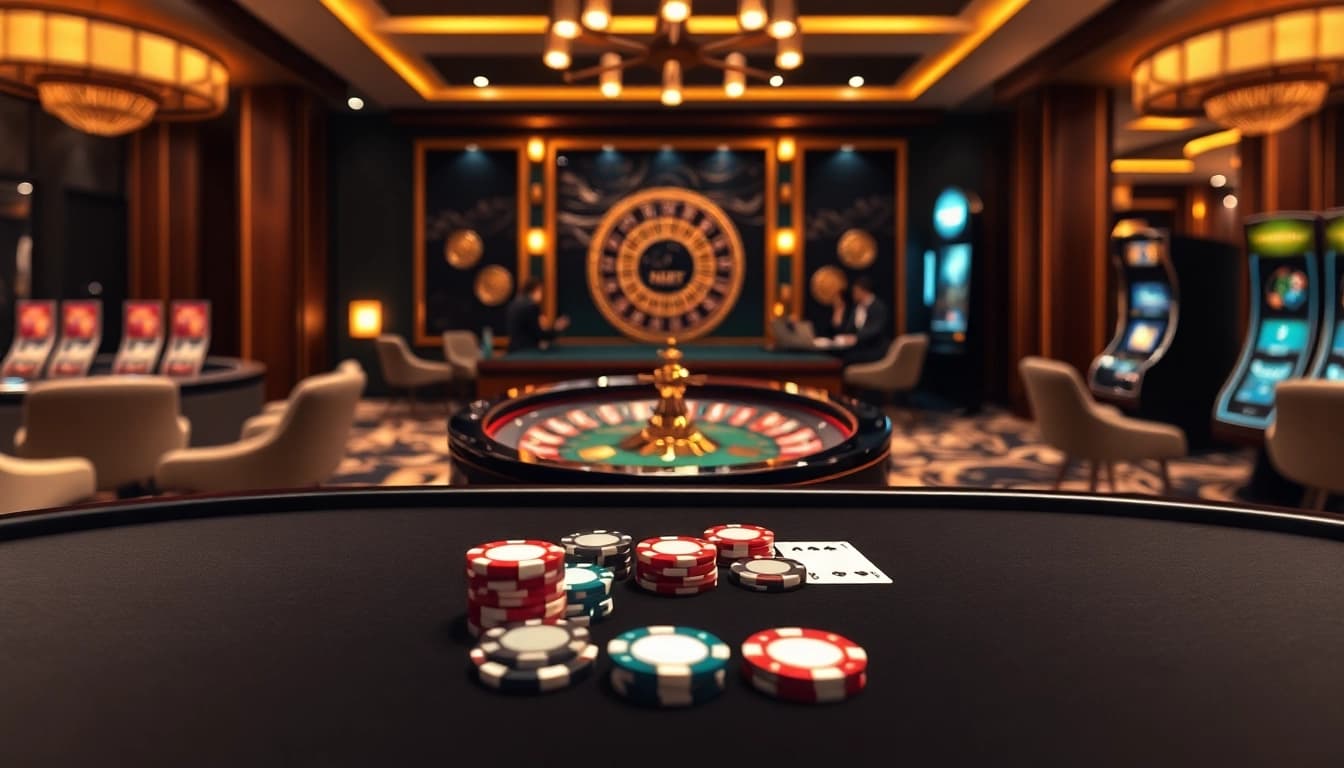 Engaged players at a luxurious casino table representing https://lc88m.com/ with vibrant cards and chips.