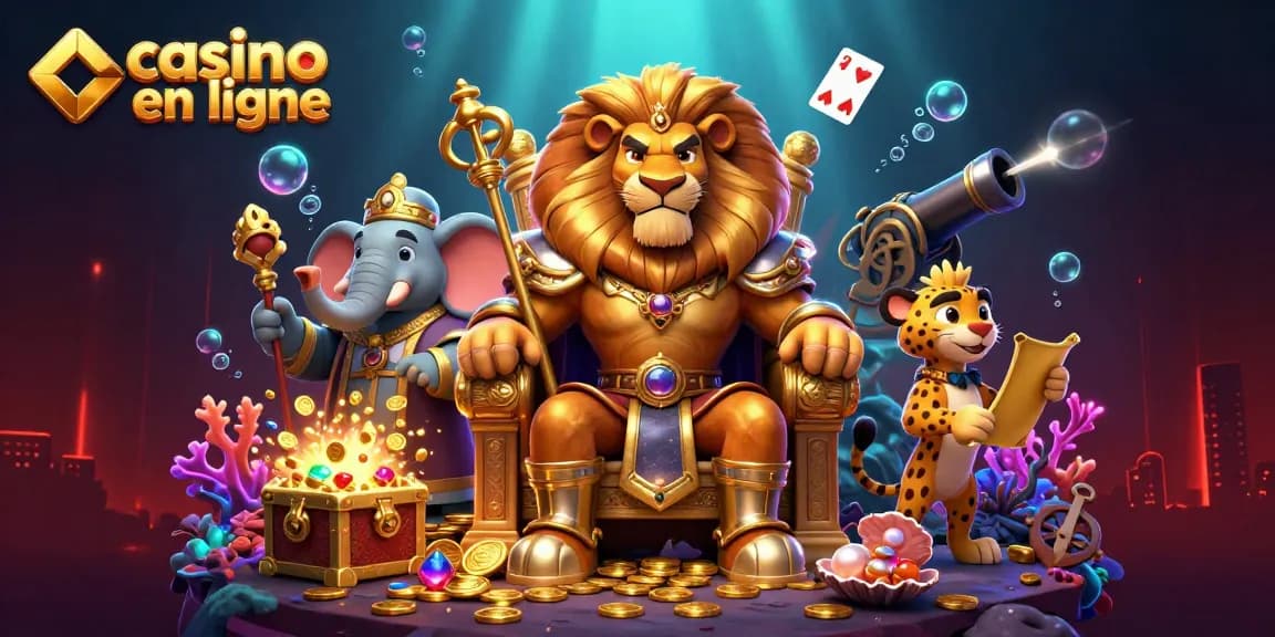 Casino en ligne : illustration 3D de jeux de casino, trésors et personnages dynamiques.