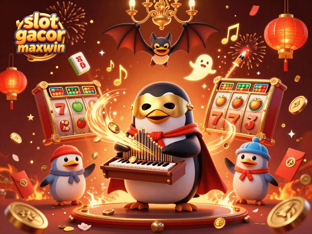 Mainkan slot gacor maxwin dengan penguin orkestra misterius dan elemen meriah dikelilingi koin emas.