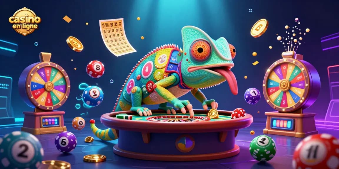 Jouez à des jeux de casino en ligne captivants avec l'illustration dynamique “casino en ligne” mettant en scène des éléments de loterie.