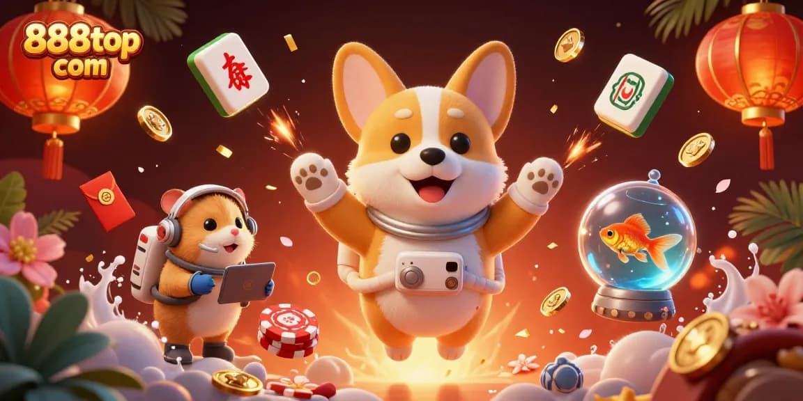 Join the fun with 888top com, floating corgi in a space casino among vibrant casino elements.