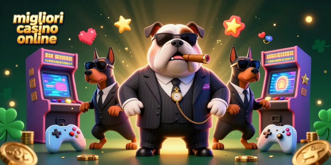 Scopri i migliori casino online con il bulldog boss in giacca, in un'illustrazione accattivante.