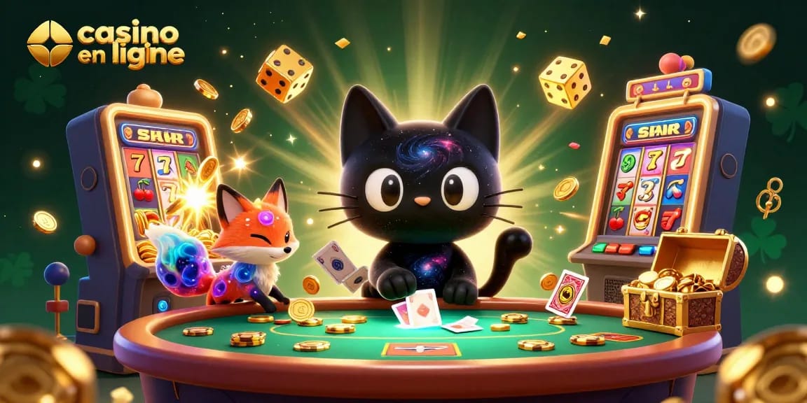 Les personnages attrapent des jetons en or au casino en ligne, entourés de machines à sous et de feux d'artifice.