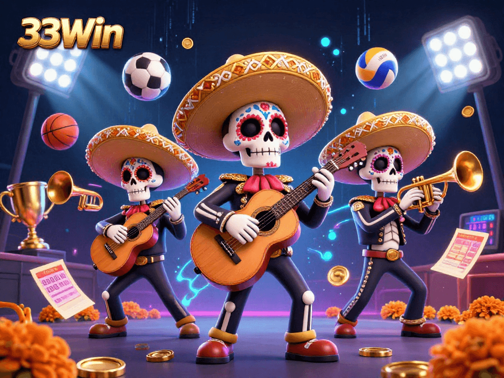 Experience exhilarating wins with 33Win's vibrant casino illustration featuring a mariachi band and dynamic gaming elements.