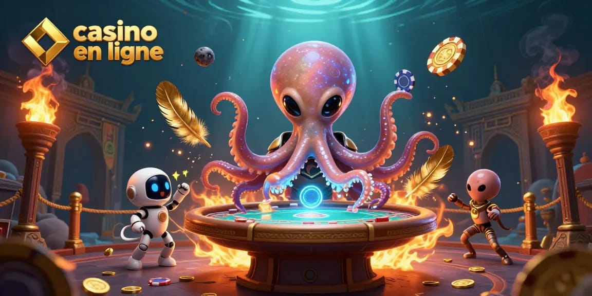 Jouer en ligne au casino avec une illustration d'un poulpe extraterrestre et un robot, ambiance dynamique.