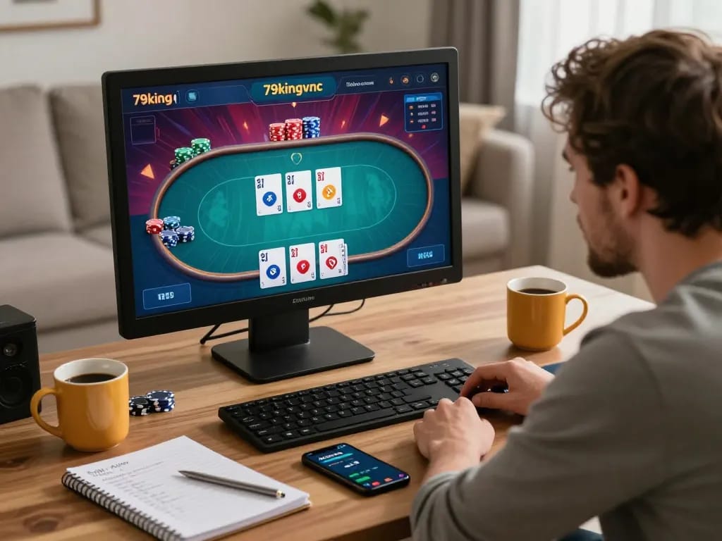 A player enjoying an online poker game at home using 79kingvnc, surrounded by strategic notes and a warm atmosphere.