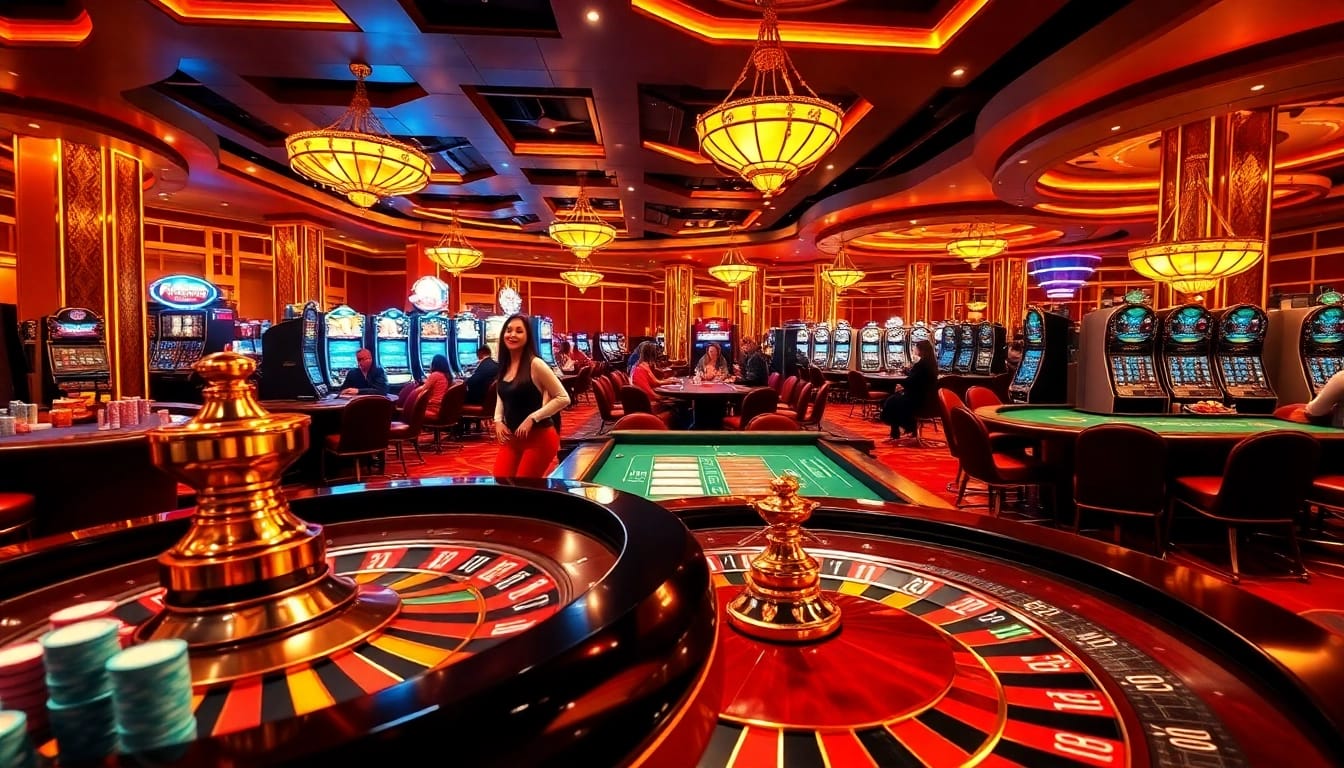 Players enjoying a thrilling gambling experience at https://rr888.in.net/ with vibrant casino games and illuminated tables.