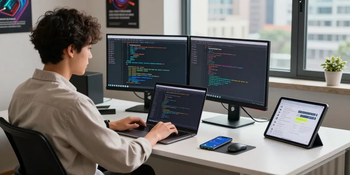 Engaging coding workspace featuring a developer immersed in 纸飞机下载 app development on dual screens with inviting city view.