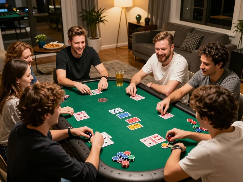 Players enjoying a lively poker night at home, showcasing excitement while using the bet88com gaming platform