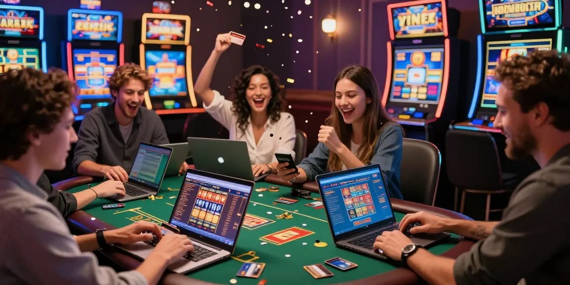 Excited players celebrating wins at casinos that accept credit cards in a lively online environment.