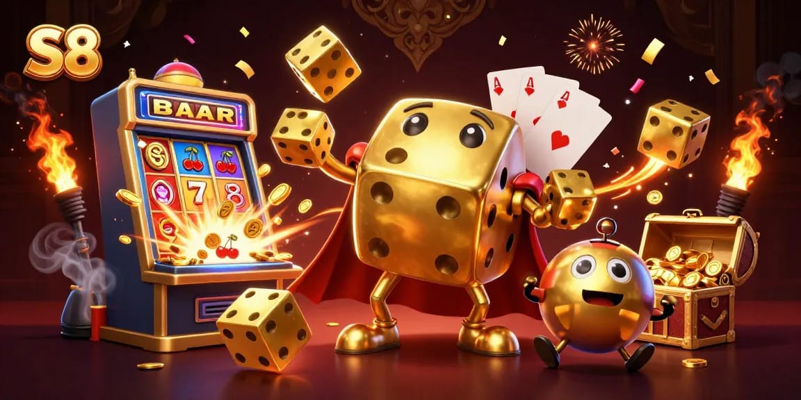 S8 brings exciting casino action featuring golden dice and jackpots in a vibrant 3D illustration.