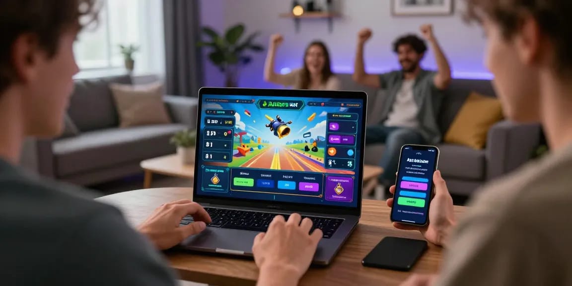 Aviator 1xbet online crash gaming scene with player engaged at laptop, showcasing vibrant interface and instant cashout options.